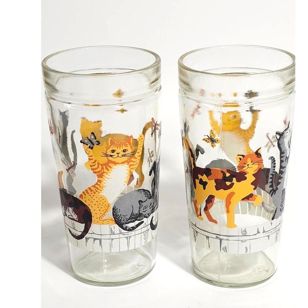 2 Vintage Anchor Hocking "Cats & Butterflies on Fence" Glasses 1980s